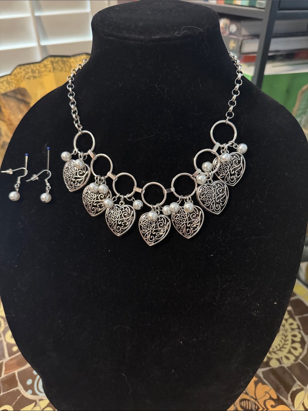 Silver Heart Charm Necklace with Pearl Drops - Women Jewelry
